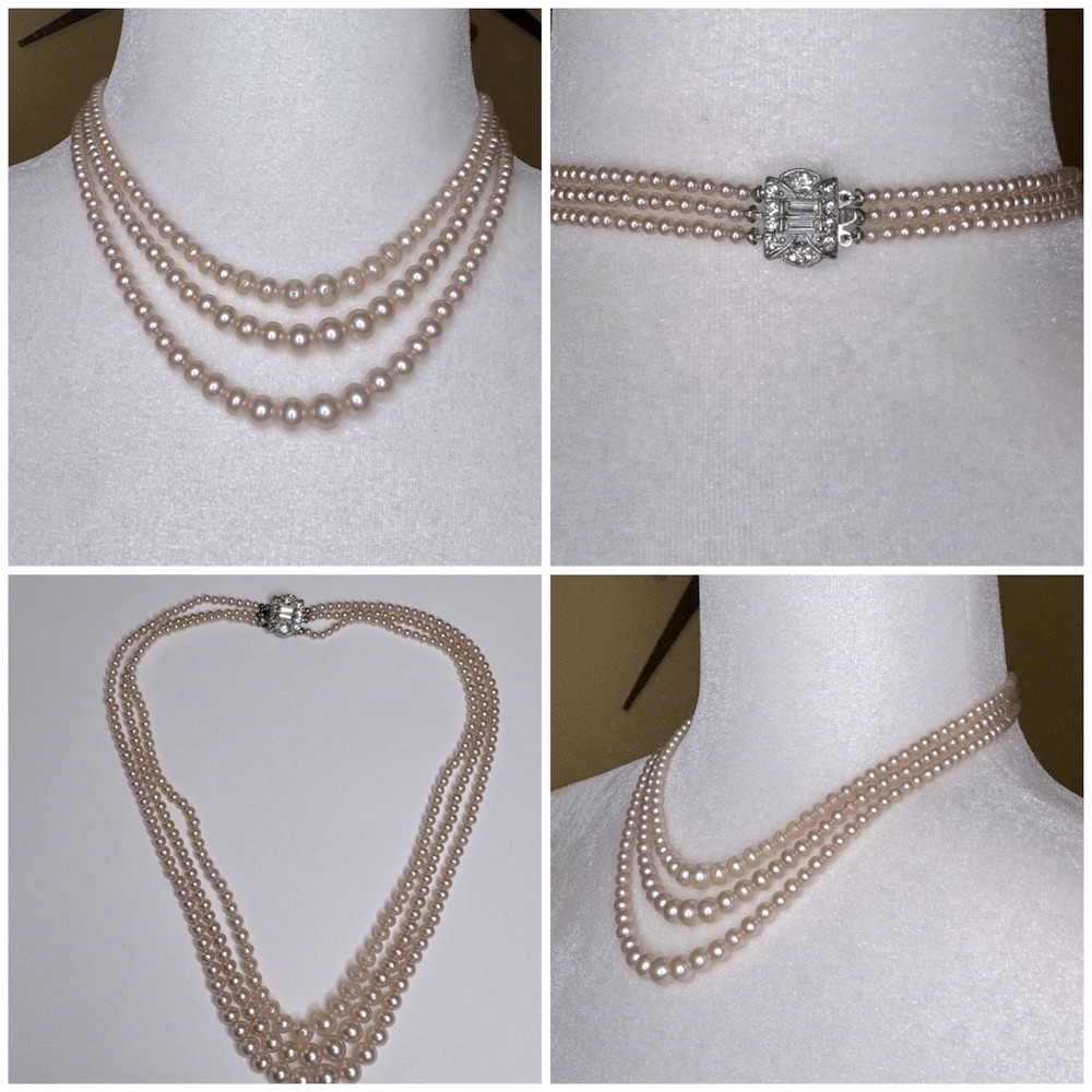 Vintage Art Deco Triple-Strand Simulated Diamond Pearl Necklace